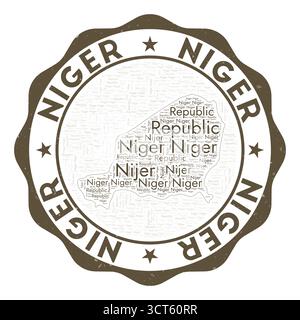Niger logo. Artistic country badge with word cloud in the shape of Niger. Round emblem with country name. Radiant vector illustration. Stock Vector