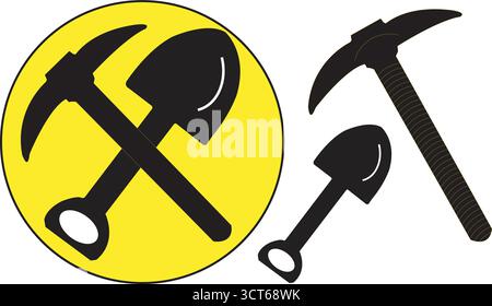 Illustration showing a crossed shovel and pickaxe inside a yellow circle with tools nearby Stock Vector