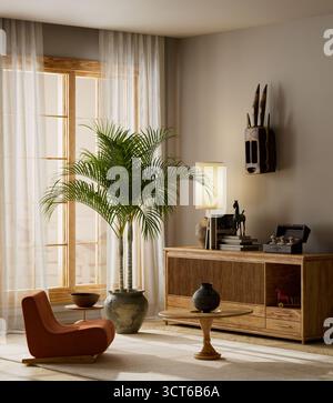 Japandi living room interior with soft beige sofa, wooden coffee table, indoor plant, warm light and minimal decor. 3D illustration Stock Photo