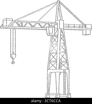 A construction crane features a lattice boom trolley hook block and heavy counterweight for lifting loads Stock Vector