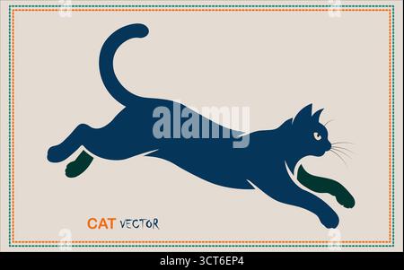 Minimalist Cat Vector – Leaping Silhouette with Modern Color Accents Stock Vector
