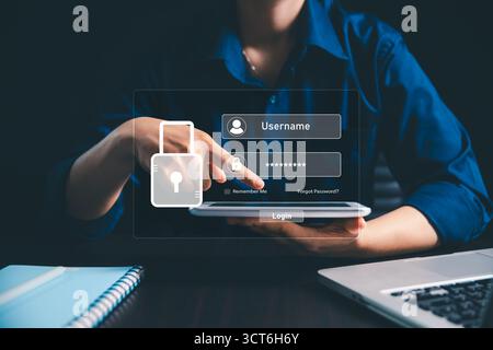 User accesses secure internet system through advanced high technology, username, password, ensuring encryption, strong cybersecurity for information s Stock Photo
