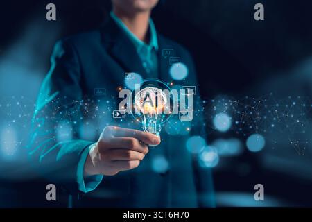 Businesswoman embraces the AI creative innovation concept, with a light bulb symbolizing artificial intelligence powering the modern digital generatio Stock Photo