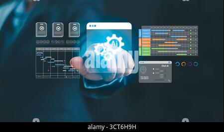 Futuristic AI technology for business project management, data analysis and workflow automation. Innovation in artificial intelligence solutions for d Stock Photo