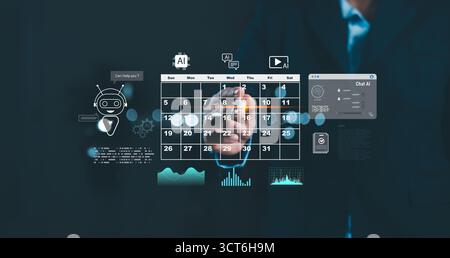 Businessman using AI virtual assistant for calendar scheduling, data management and workflow automation. Artificial intelligence chatbot solutions for Stock Photo