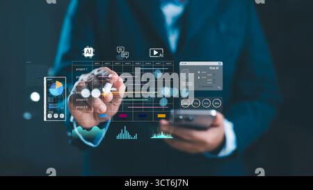 Businesswoman using AI technology on smartphone for project management, workflow automation and data visualization. Artificial intelligence solutions Stock Photo