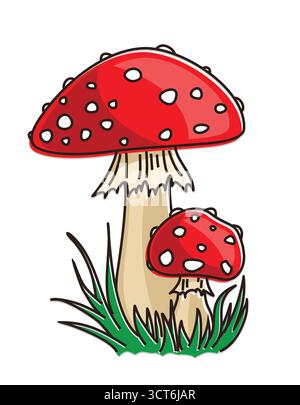 The forest mushrooms with a green grass. Stock Vector
