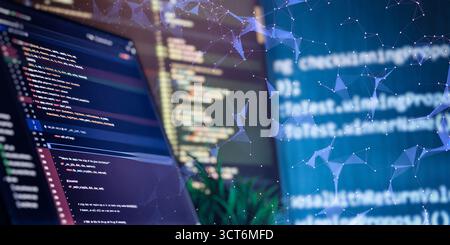 Python code displayed on a monitor with abstract neural network overlay, symbolizing artificial intelligence, machine learning, and data science. Stock Photo