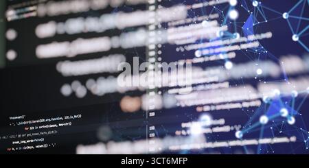 Blurry programming code overlaid with a glowing digital network, symbolizing data flow, connectivity, and modern software development concepts. Stock Photo
