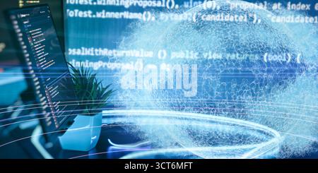 A digital globe overlays a programming screen, symbolizing global connectivity, data exchange, and futuristic software development in a tech workspace Stock Photo