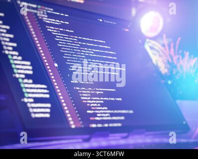 Close-up of a computer screen displaying Python code in a stylish workspace, illuminated by blue and purple ambient lighting. Stock Photo