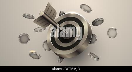 Target hit by arrow surrounded by coins, symbolizing financial success and achieving business goals. Vector illustration. Stock Vector