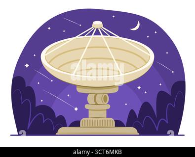 Satellite Dish Placed Outdoors at Night for Aerial Telecommunication Technology, Science Concept Illustration Clip Art Stock Vector