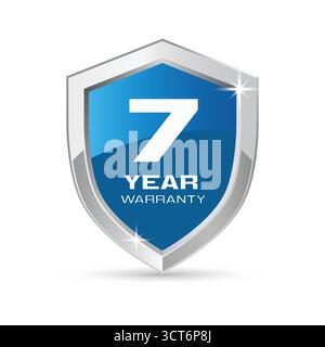 7 year warranty silver metal shield in blue color vector illustration Stock Vector