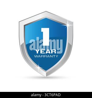 1 year warranty silver metal shield in blue color vector illustration Stock Vector