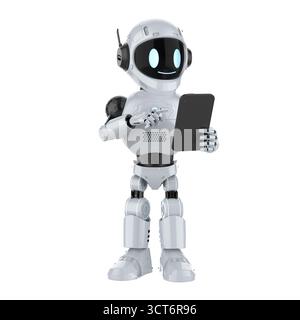 Cute and small 3d rendering artificial intelligence personal assistant robot with digital tablet Stock Photo