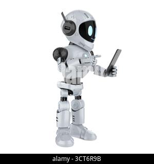 Cute and small 3d rendering artificial intelligence personal assistant robot with digital tablet Stock Photo