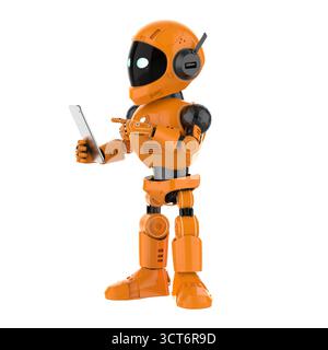 Cute and small 3d rendering artificial intelligence personal assistant robot with digital tablet Stock Photo