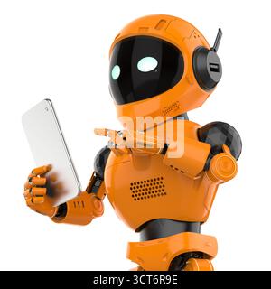 Cute and small 3d rendering artificial intelligence personal assistant robot with digital tablet Stock Photo