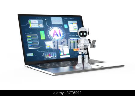 Ai technology with 3d rendering assistant robot with hud graphic interface on laptop Stock Photo