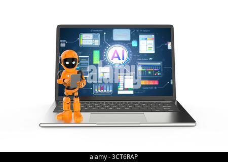 Ai technology with 3d rendering assistant robot with hud graphic interface on laptop Stock Photo