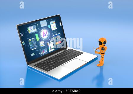 Ai technology with 3d rendering assistant robot with hud graphic interface on laptop Stock Photo