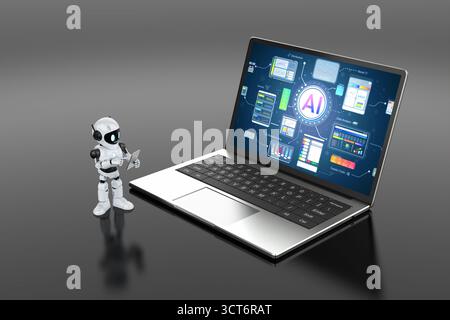 Ai technology with 3d rendering assistant robot with hud graphic interface on laptop Stock Photo