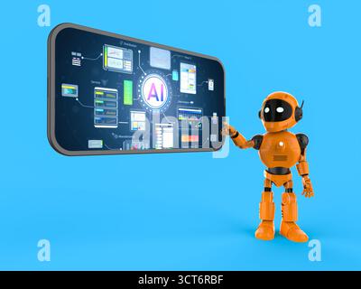 Ai technology with 3d rendering assistant robot with hud graphic interface on mobile phone Stock Photo