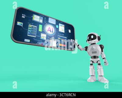 Ai technology with 3d rendering assistant robot with hud graphic interface on mobile phone Stock Photo