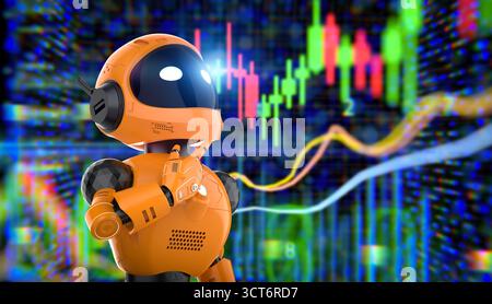 Financial technology concept with 3d rendering assistant robot analyze stock market graph Stock Photo