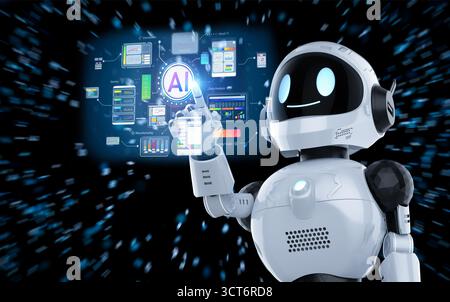 Ai technology with 3d rendering assistant robot with hud graphic interface Stock Photo
