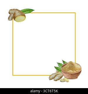 Watercolor illustration of spice ginger, half, leaves and slices. Hand-drawn illustration isolated on white background. Ginger root for food design Stock Photo