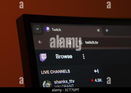 Dhaka, Bangladesh- 30 Sep 2025: Close-up of a computer screen displaying the Twitch web interface in dark mode Stock Photo