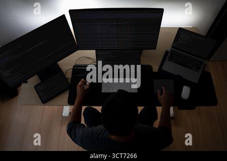 remote work at home hybrid work telecommuting software developer coding at night in a modern home office; multiple monitors and laptop in dark mode, r Stock Photo