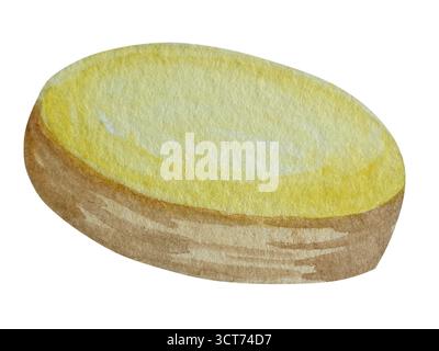 Watercolor illustration of spice ginger, half, leaves and slices. Hand-drawn illustration isolated on white background. Ginger root for food design Stock Photo