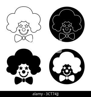 Clown Face Icon Set with Afro Hair and Bow Tie Illustration. Perfect for circus themes, entertainment graphics, childrens party decorations, logos. Stock Vector
