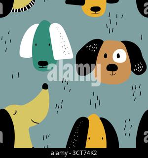 Vector seamless repeating childish pattern with cute dogs in Scandinavian style. Animals background with dog, pets, puppy for invitation, poster, card Stock Vector