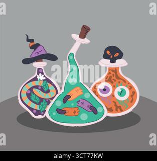 A captivating collection of colorful potion bottles, each with enchanting witchy themes Stock Vector