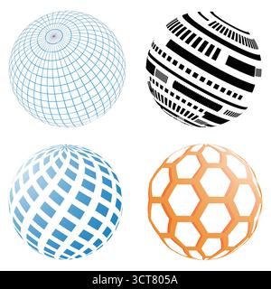 Geometric 3D Globe Collection Abstract Digital Grid and Patterned Sphere Design Stock Vector