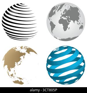 3D World Globe Collection Abstract Earth Map and Modern Global Sphere Design Stock Vector