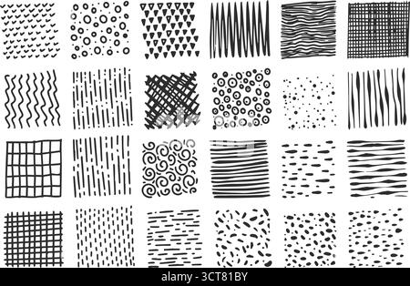 Patterns with crosshatch texture. Pencil hand-drawn sketches with doodle lines dots and scribbles. Ink black vector collection Stock Vector