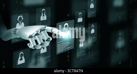 Artificial intelligence robot analyzing and choosing job applicant profile. Concept of machine learning recruitment, digital HR, automation process, a Stock Photo