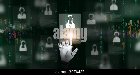 Artificial intelligence robot analyzing applicant information and choosing the right woman candidate. Futuristic HR concept of digital recruitment, au Stock Photo