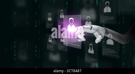 Artificial intelligence robot analyzing applicant data and choosing the right person. Futuristic concept of smart HR automation, machine learning recr Stock Photo