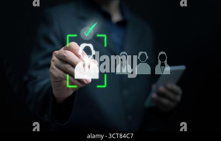 Human resources manager using virtual interface for candidate selection. Digital recruitment, hiring process, workforce analytics, talent acquisition Stock Photo