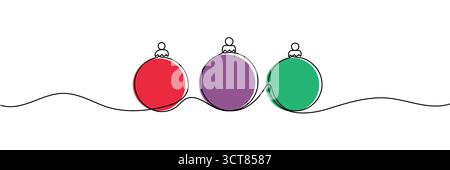 Continuous line drawing of Christmas balls decoration. One line art concept of pine tree decoration for merry Christmas and happy new year greeting ca Stock Vector