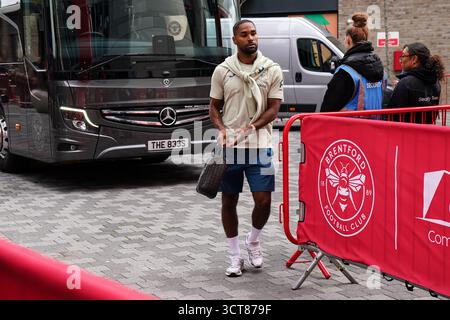 Rico Henry of Brentford arrives to the stadium ahead of the Premier ...