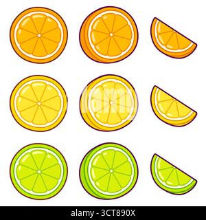 Stylized cartoon citrus fruit set. Orange, lemon and lime cross section, half, wedge. Cute vector clipart illustration. Stock Vector