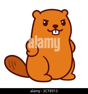 Cute cartoon brave beaver, confident mascot character. Isolated vector clip art illustration. Stock Vector