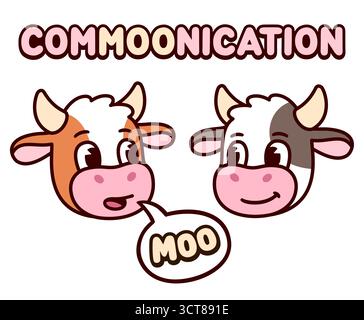 ComMOOnication, cute cartoon cows talking. Funny cow saying Moo hand drawn illustration. Simple drawing, vector clip art. Stock Vector